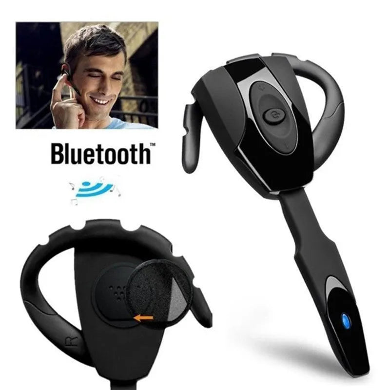 Single-ear hanging Bluetooth business headset shown in black, blue, red, silver, and white colour options.