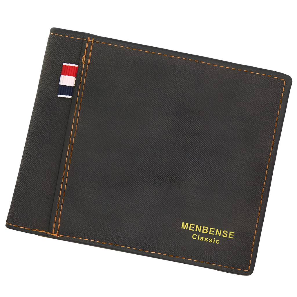 Men's tri-fold leather wallet in black, navy blue, dark brown, or light brown colours showing large capacity interior