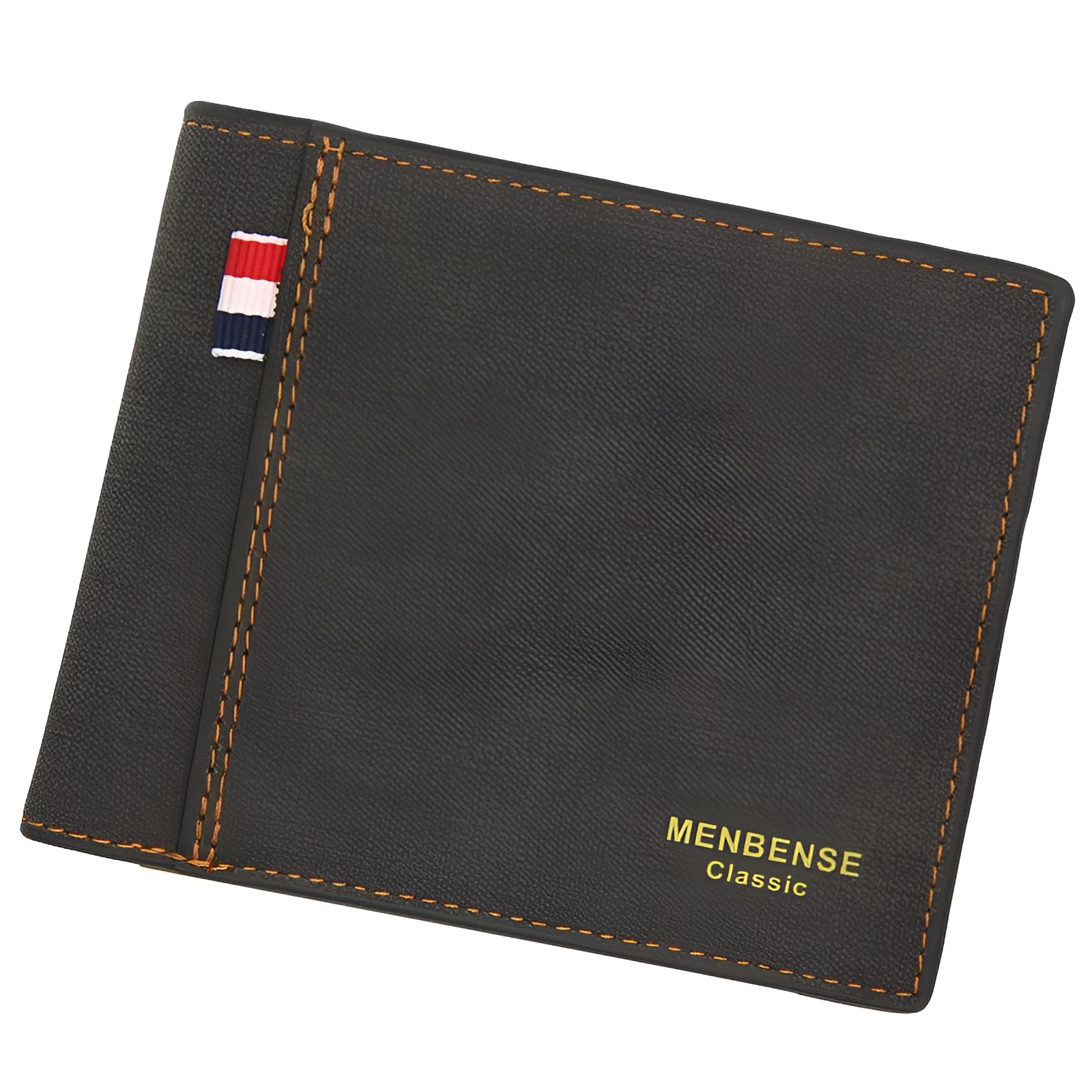 Men's tri-fold leather wallet in black, navy blue, dark brown, or light brown colours showing large capacity interior