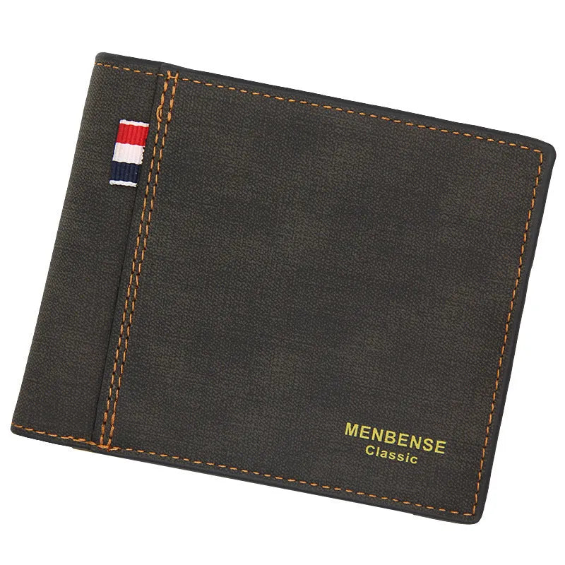 Men's tri-fold leather wallet in black, navy blue, dark brown, or light brown colours showing large capacity interior