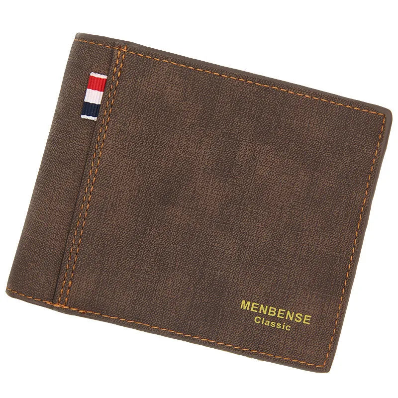 Men's tri-fold leather wallet in black, navy blue, dark brown, or light brown colours showing large capacity interior