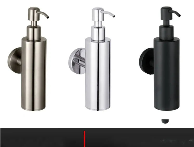 304 stainless steel wall-mounted soap dispenser measuring 50x88x205mm in brushed, mirror or black finish