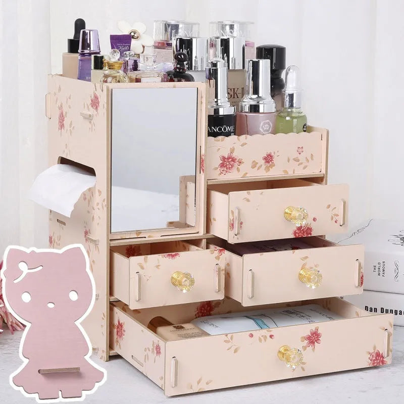 Wooden cosmetic storage box with divided compartments showing jewellery organisation
