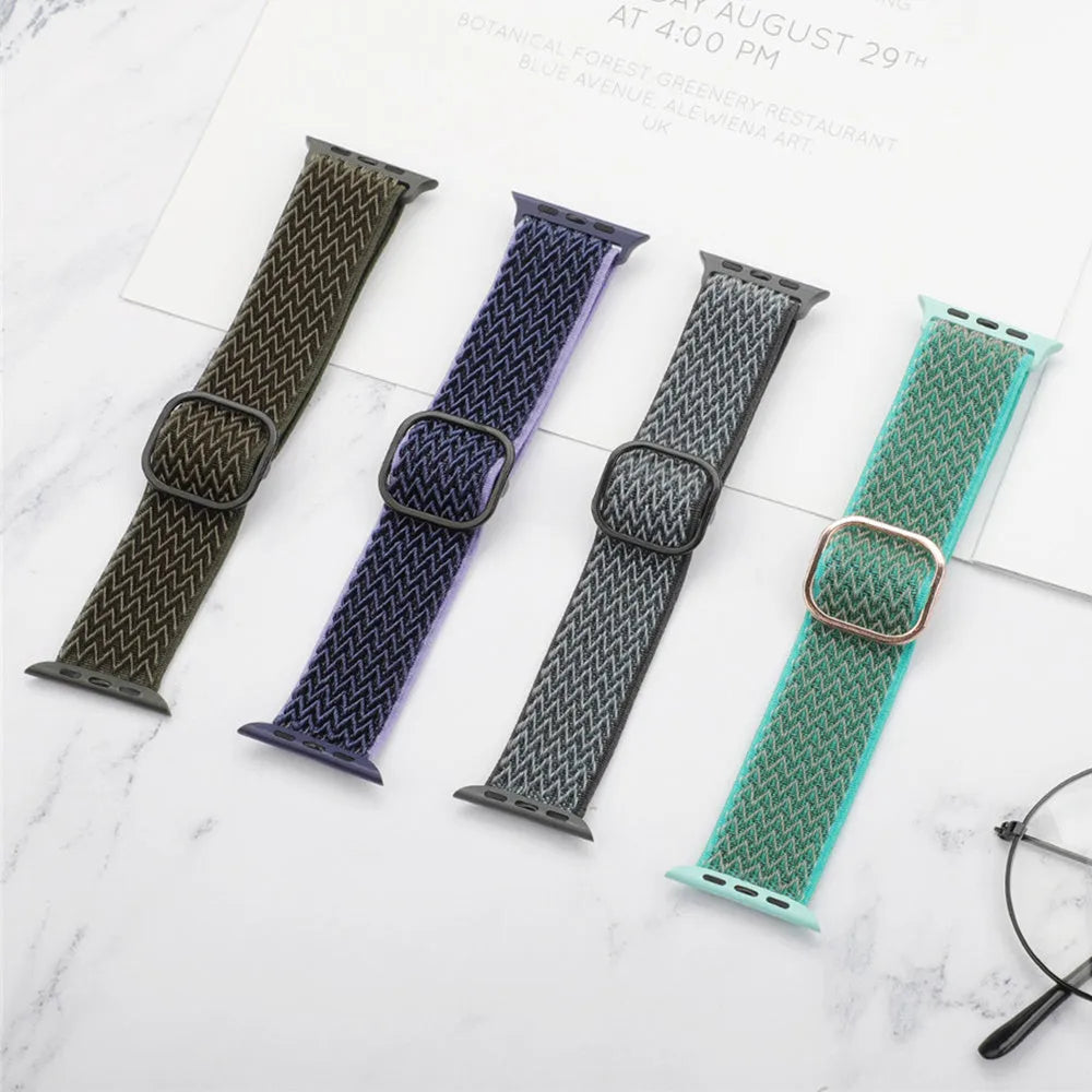 Braided nylon elastic strap with wave pattern for Apple Watch in multiple colours.