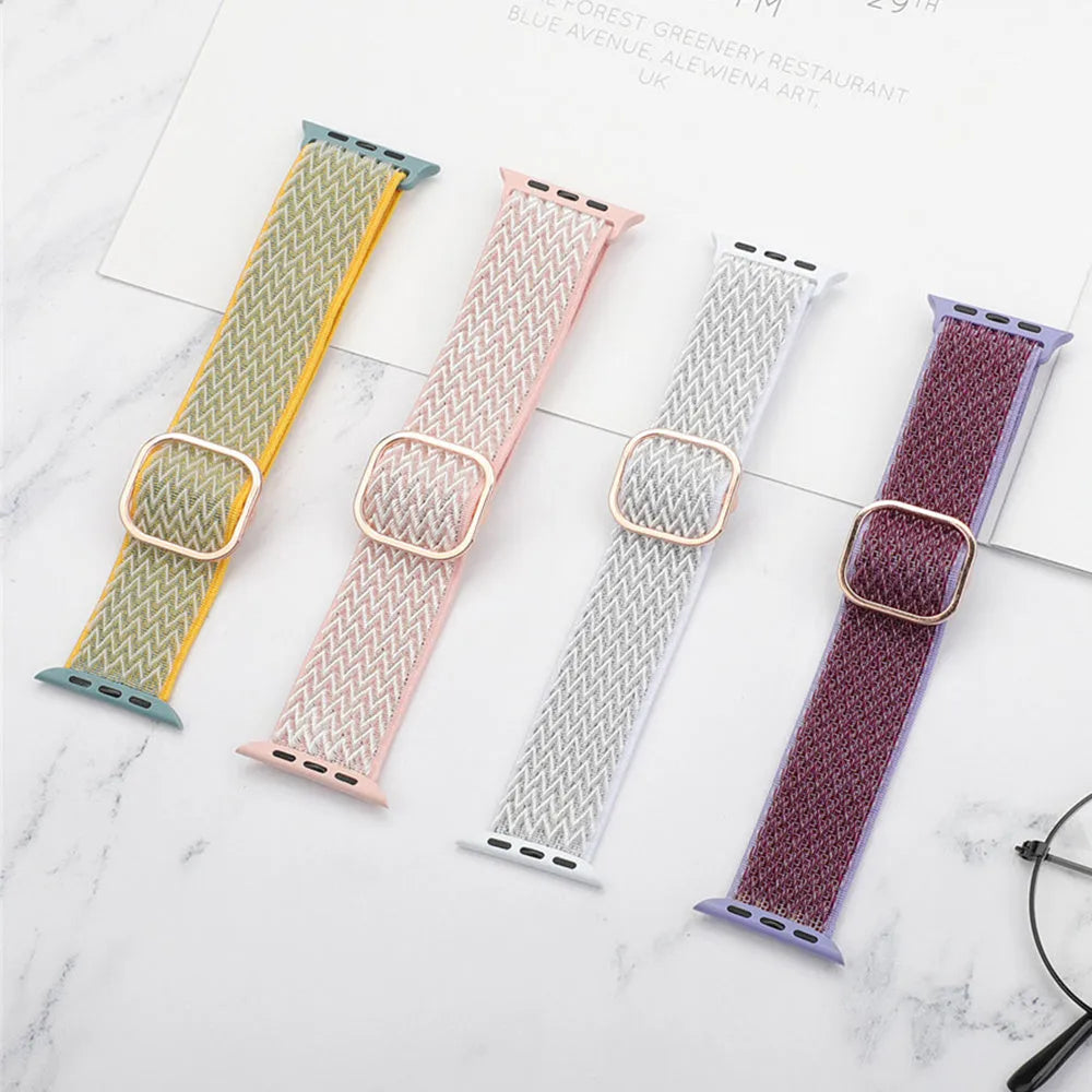 Braided nylon elastic strap with wave pattern for Apple Watch in multiple colours.