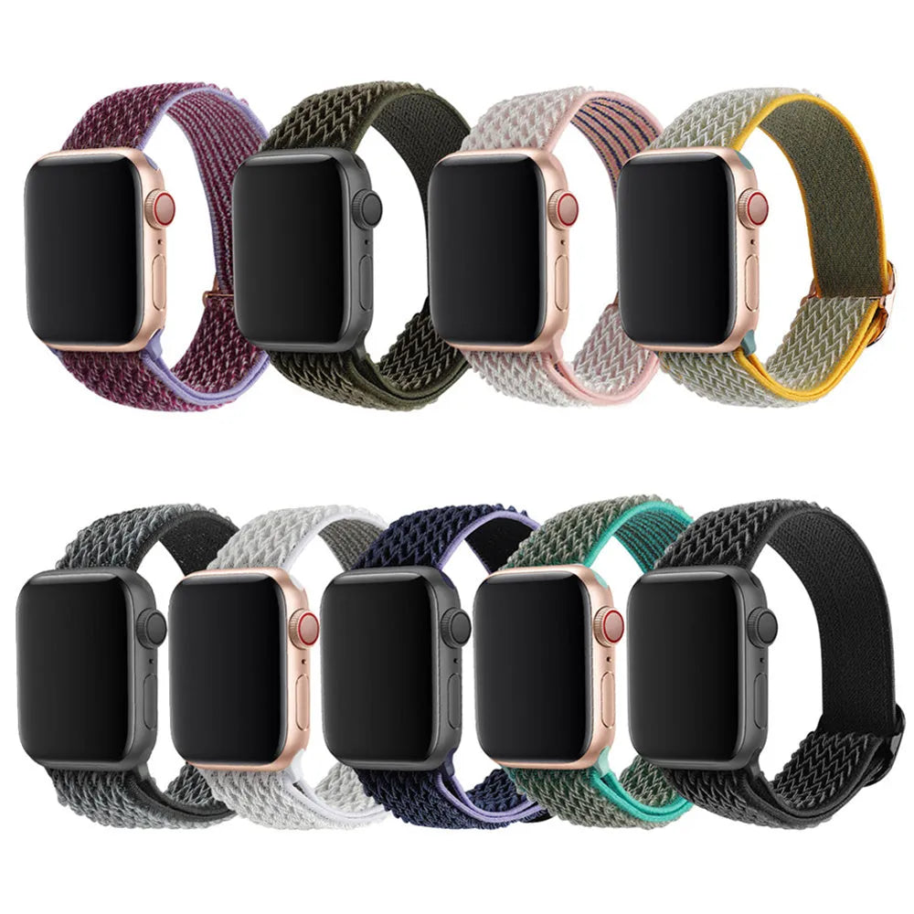 Braided nylon elastic strap with wave pattern for Apple Watch in multiple colours.