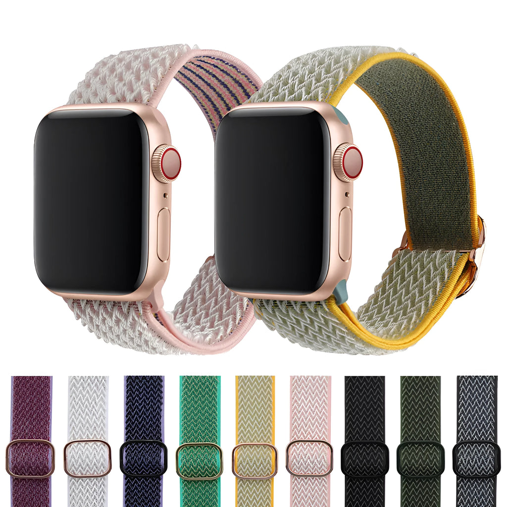 Braided nylon elastic strap with wave pattern for Apple Watch in multiple colours.