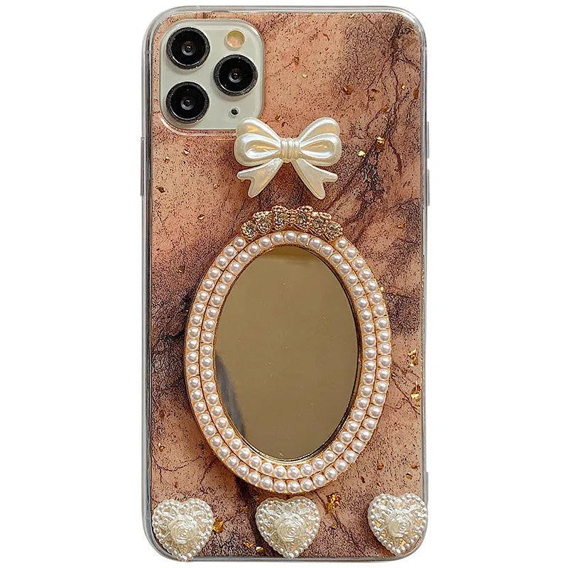 Brown marble pattern iPhone case with bowknot design and mirrored surface
