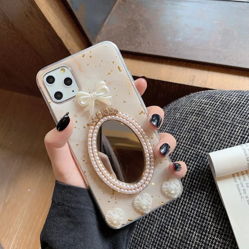 Brown marble pattern iPhone case with bowknot design and mirrored surface