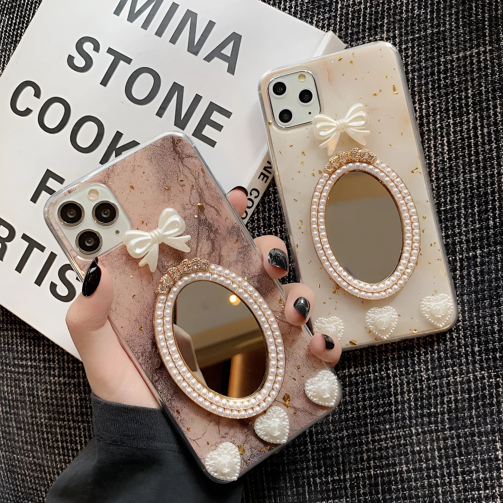Brown marble pattern iPhone case with bowknot design and mirrored surface