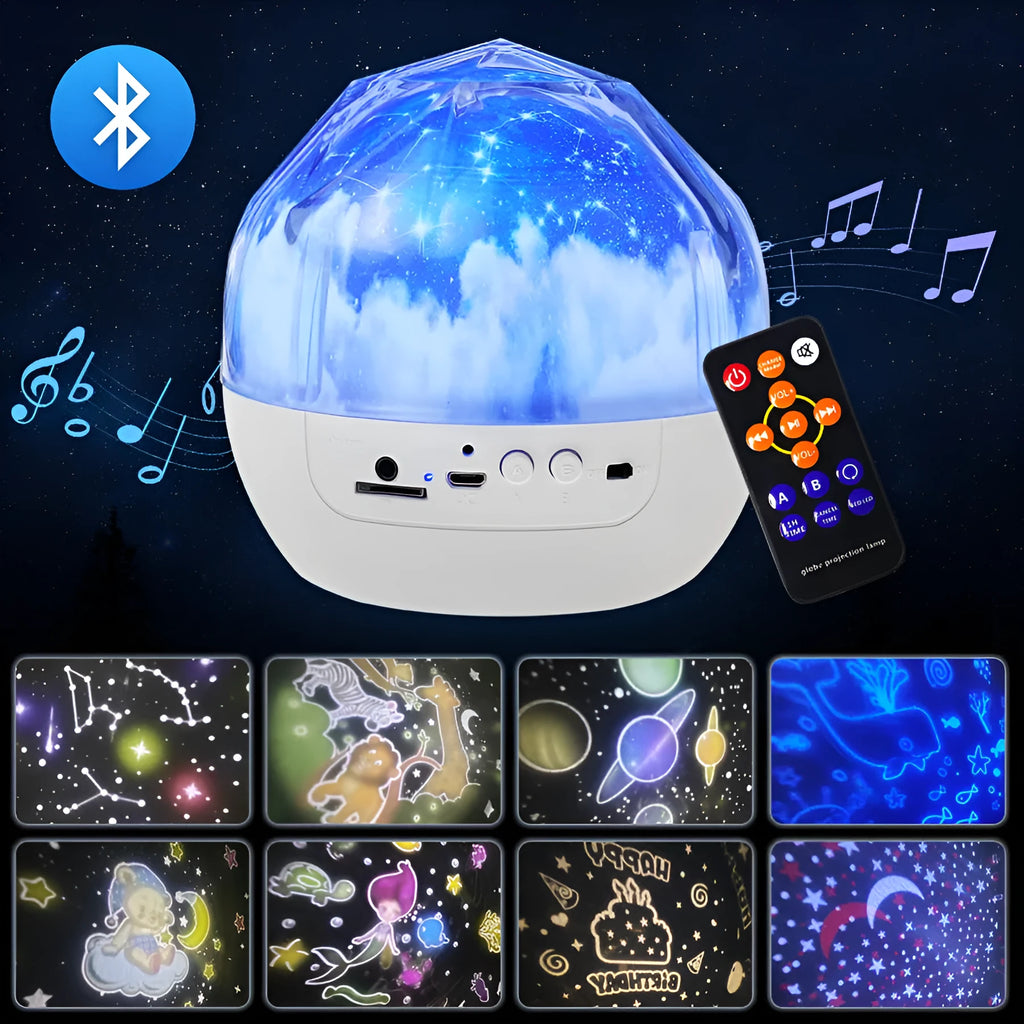 Starry sky projection lamp with plastic shade showing celestial patterns on wall