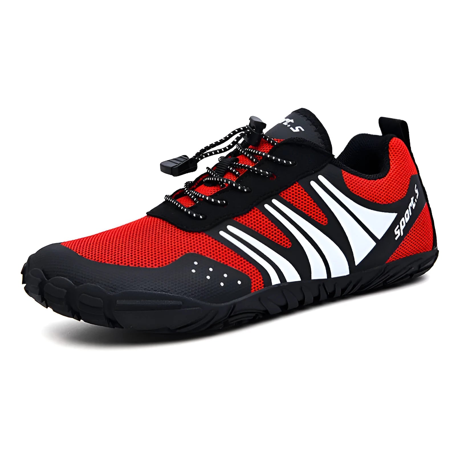 Quick-drying outdoor wading shoes in red, with mesh upper and rubber sole, on a rocky shore.