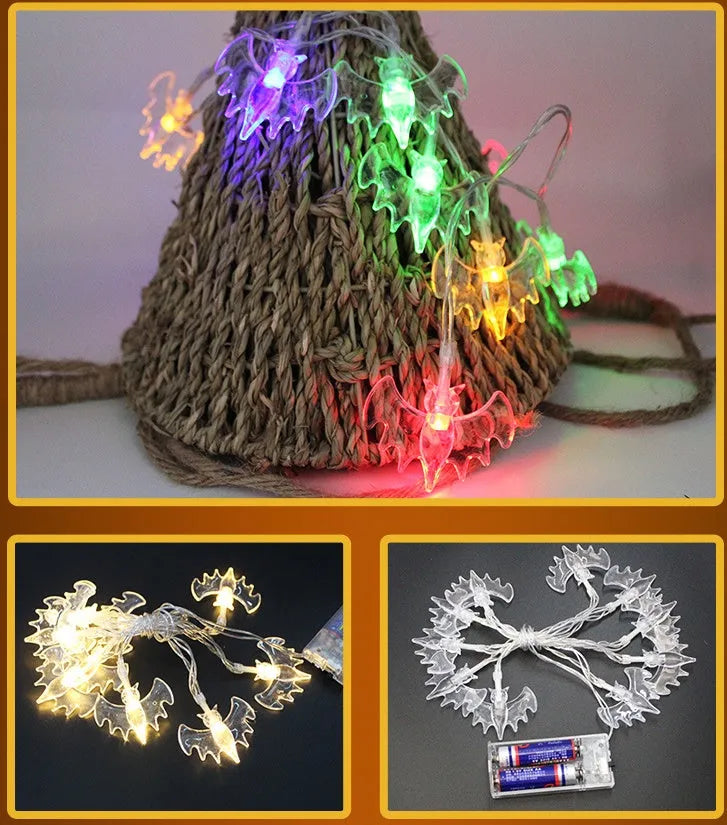 Halloween LED string lights with bat, pumpkin, ghost and spider pendants on a 1.2 metre wire