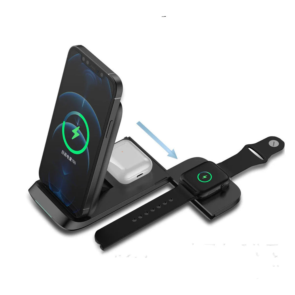 Foldable three-device wireless charger shown in black colour with USB-C cable