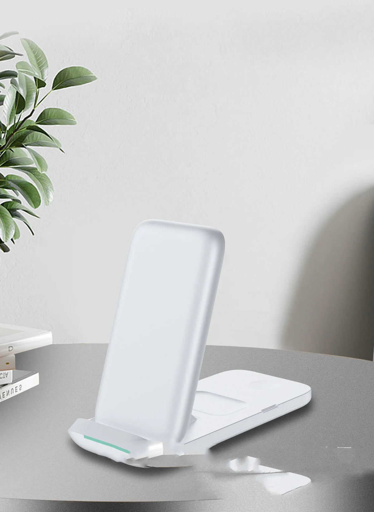 Foldable three-device wireless charger shown in black colour with USB-C cable