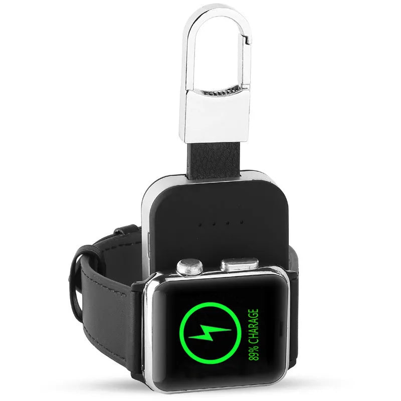 Black Apple Watch wireless power bank charger with keychain attachment showing dimensions