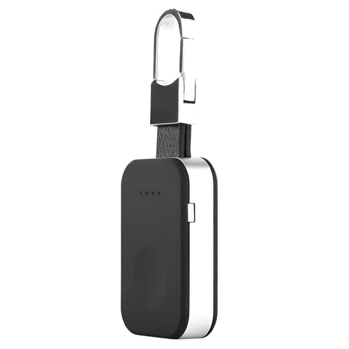 Black Apple Watch wireless power bank charger with keychain attachment showing dimensions