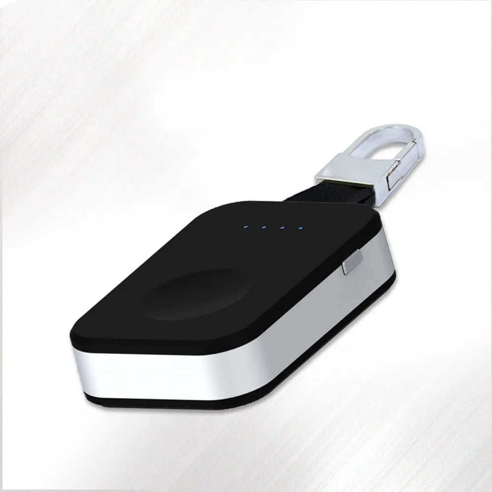 Black Apple Watch wireless power bank charger with keychain attachment showing dimensions