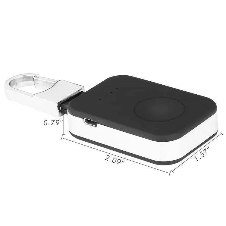 Black Apple Watch wireless power bank charger with keychain attachment showing dimensions