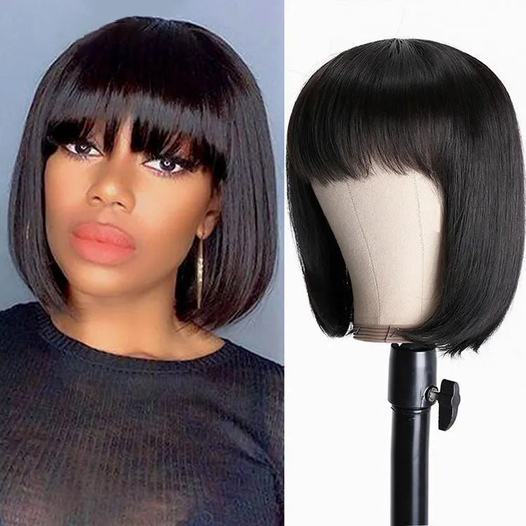 Unice black 10-inch real human hair wig with pre-plucked hairline on a model