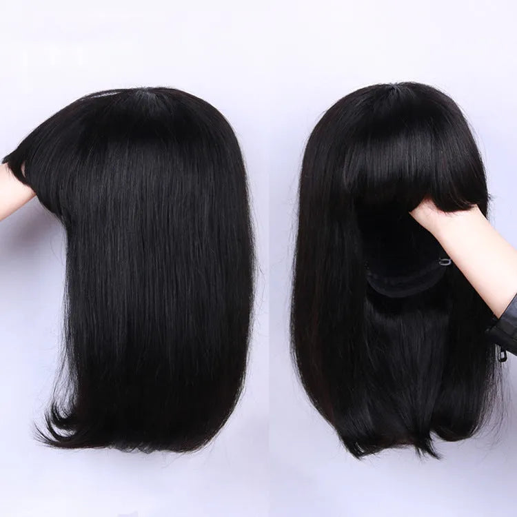 Unice black 10-inch real human hair wig with pre-plucked hairline on a model