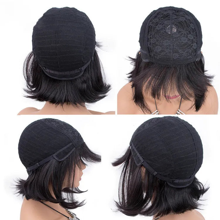 Unice black 10-inch real human hair wig with pre-plucked hairline on a model