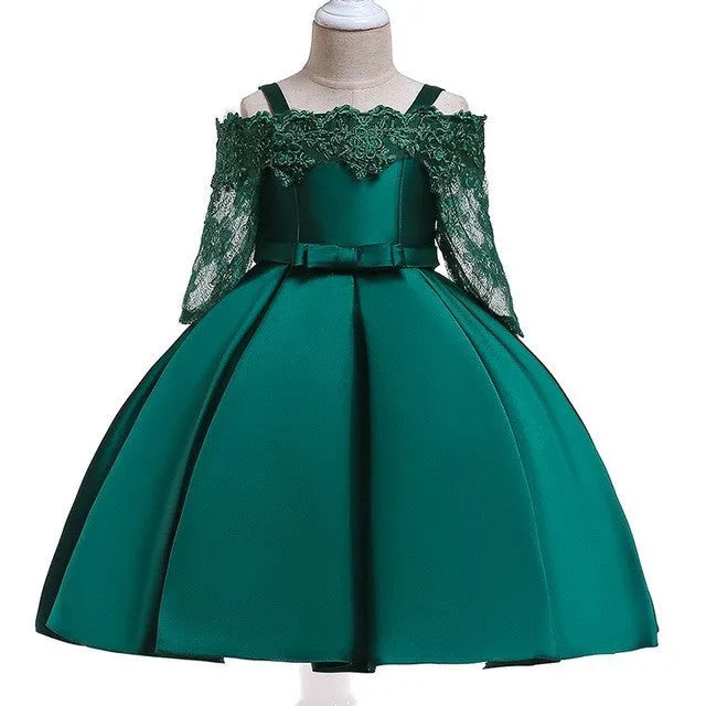 Girls lace-trimmed dress in deep red, pink, white, red, or green colours with Asian sizing