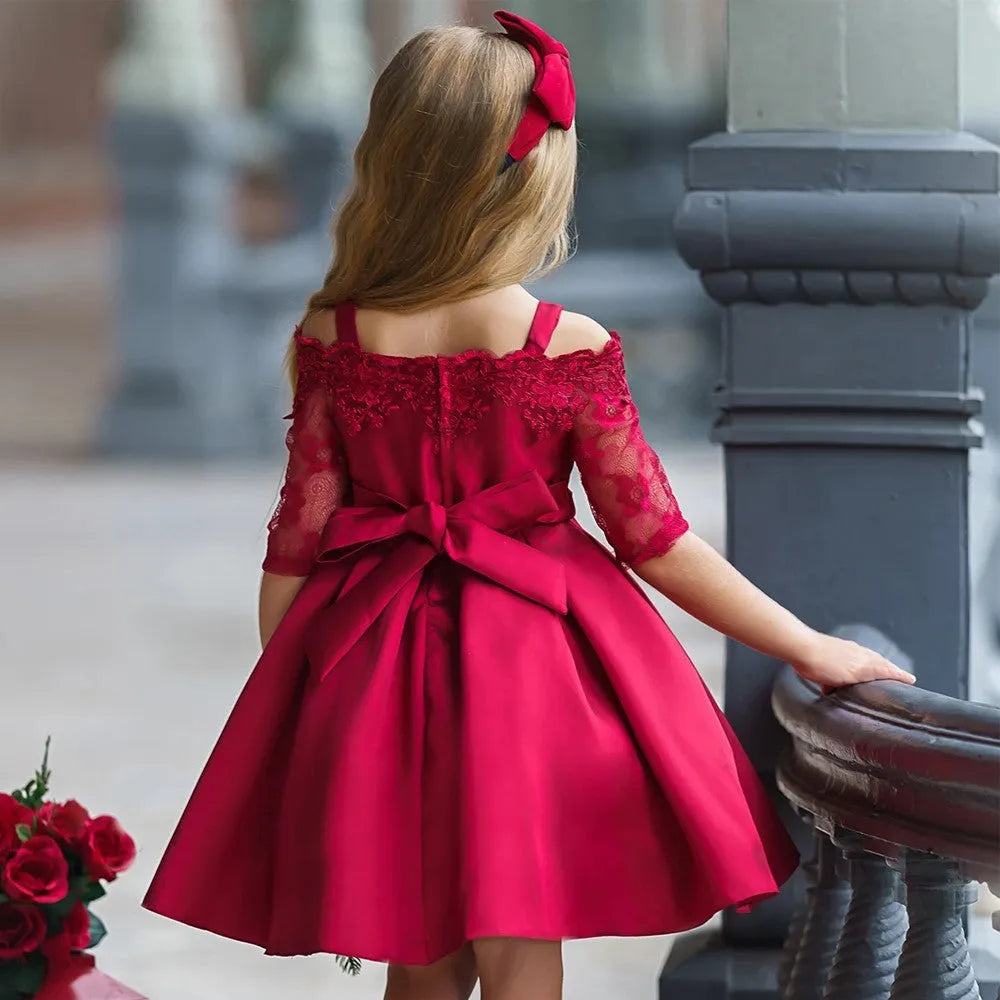 Girls lace-trimmed dress in deep red, pink, white, red, or green colours with Asian sizing