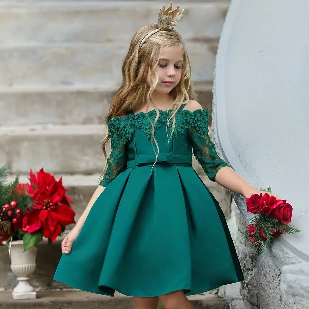 Girls lace-trimmed dress in deep red, pink, white, red, or green colours with Asian sizing