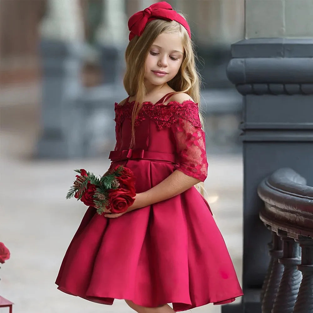 Girls lace-trimmed dress in deep red, pink, white, red, or green colours with Asian sizing
