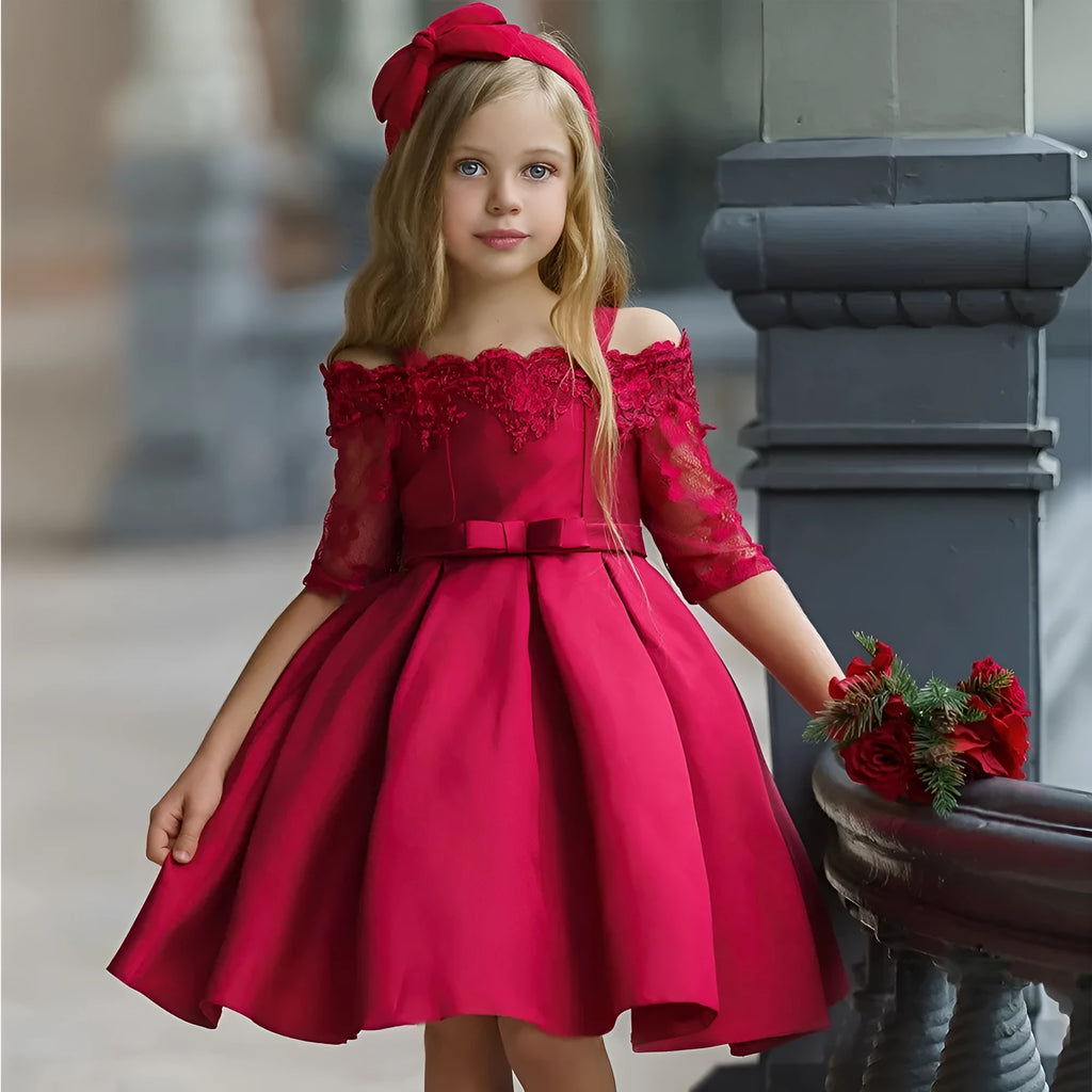 Girls lace-trimmed dress in deep red, pink, white, red, or green colours with Asian sizing