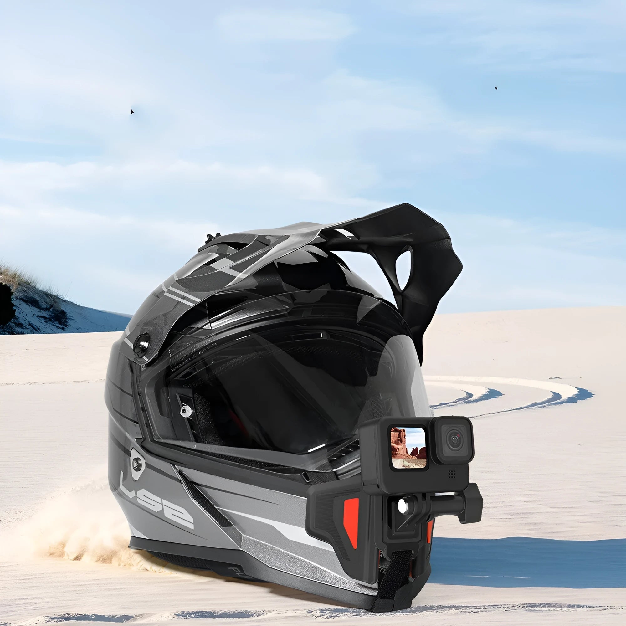 Black GoPro motorcycle helmet chin strap mount for universal sports cameras with stainless steel buckle