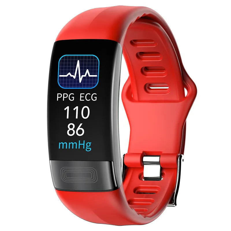 Smart health bracelet with ECG monitoring and touch screen display in black, green, blue, or red colours
