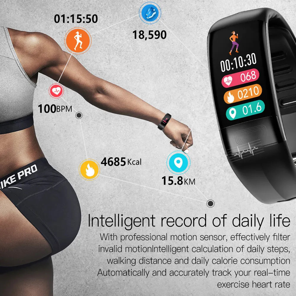 Smart health bracelet with ECG monitoring and touch screen display in black, green, blue, or red colours