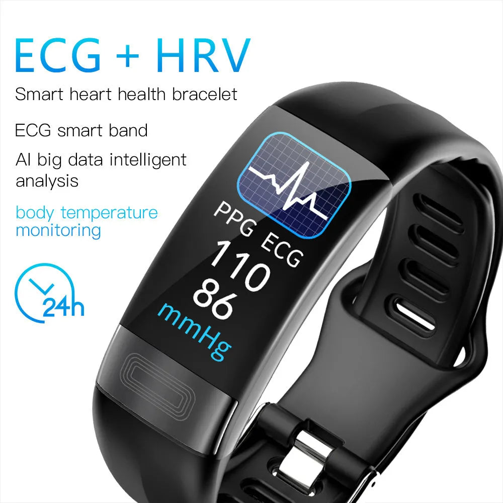 Smart health bracelet with ECG monitoring and touch screen display in black, green, blue, or red colours
