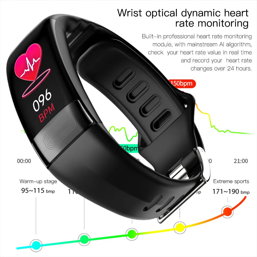 Smart health bracelet with ECG monitoring and touch screen display in black, green, blue, or red colours