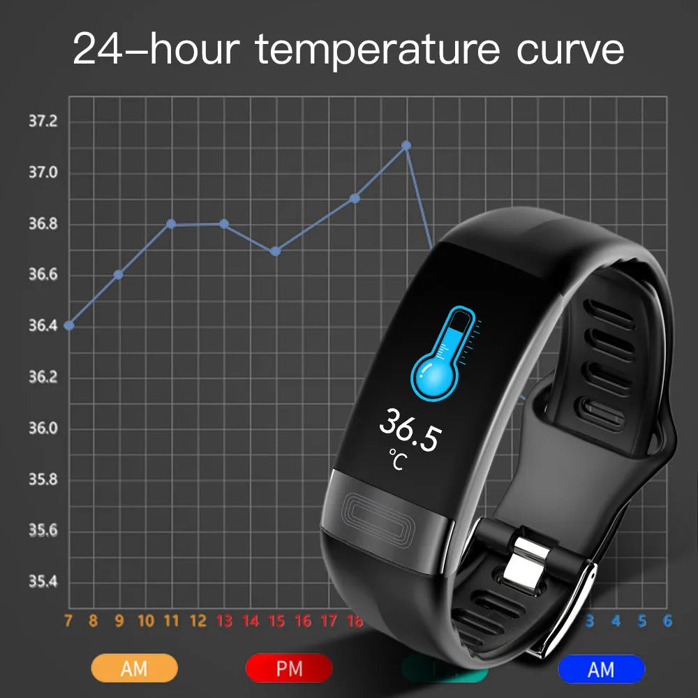 Smart health bracelet with ECG monitoring and touch screen display in black, green, blue, or red colours
