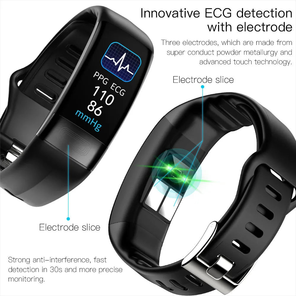 Smart health bracelet with ECG monitoring and touch screen display in black, green, blue, or red colours