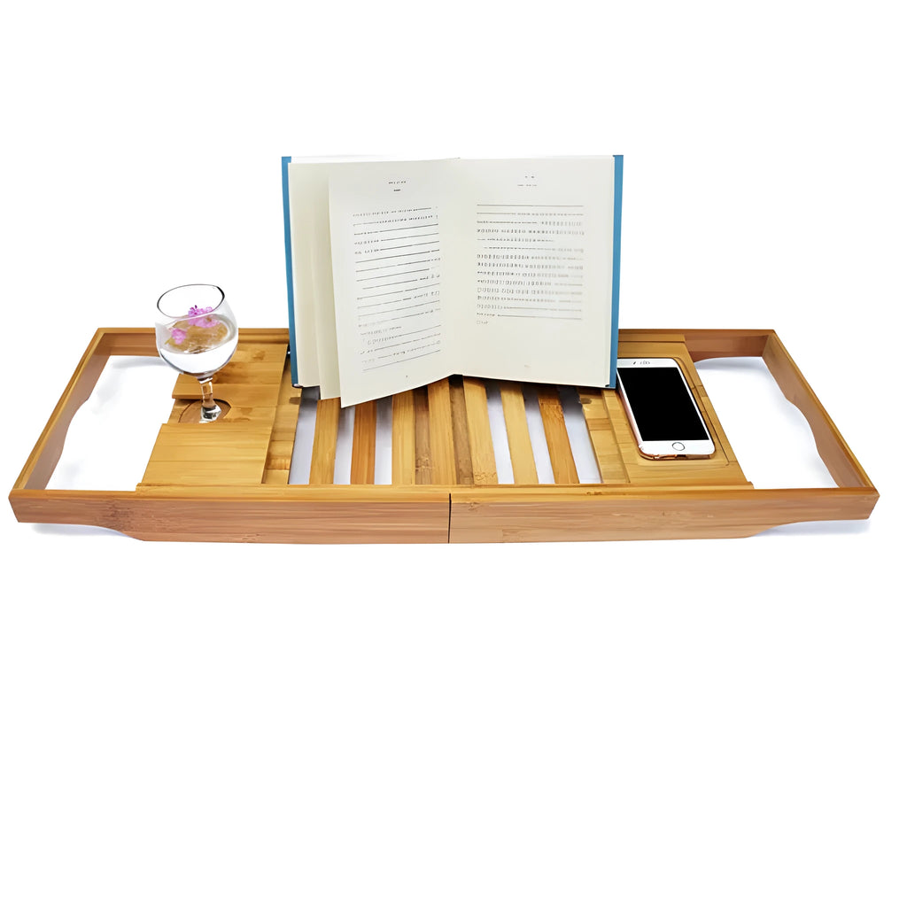 Bamboo bathtub frame desktop organiser for bathroom storage with single-tier shelving