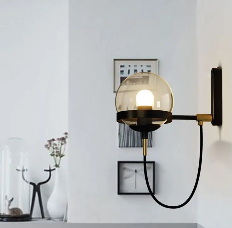Modern retro wall lamp with LED light, glass shade, push button switch, and Black or Gold finish