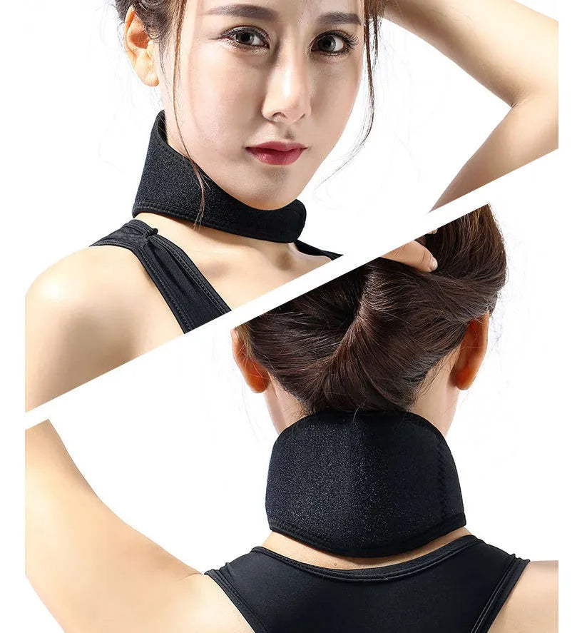 Black self-heating magnetic neck guard with adjustable shoulder strap for neck support