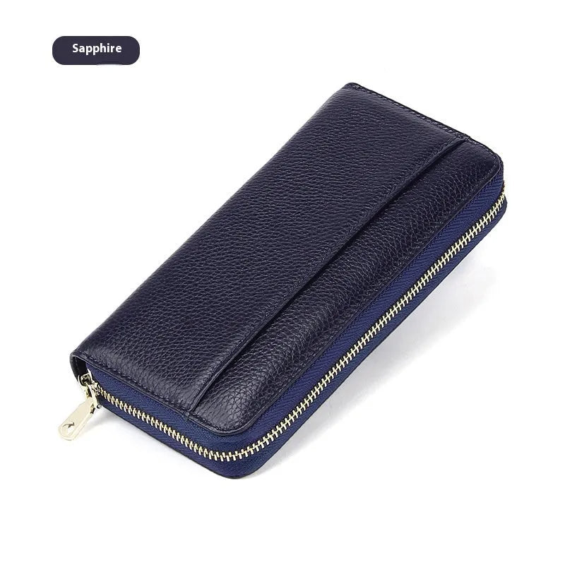 Women's long genuine leather wallet showing interior card slots and six colour options