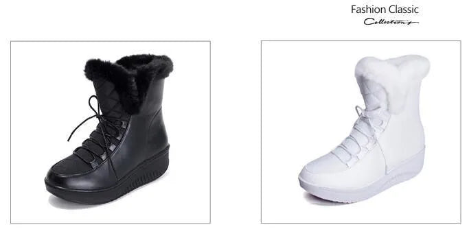 Women's black PU leather winter boots with 3cm platform sole and lace-up closure