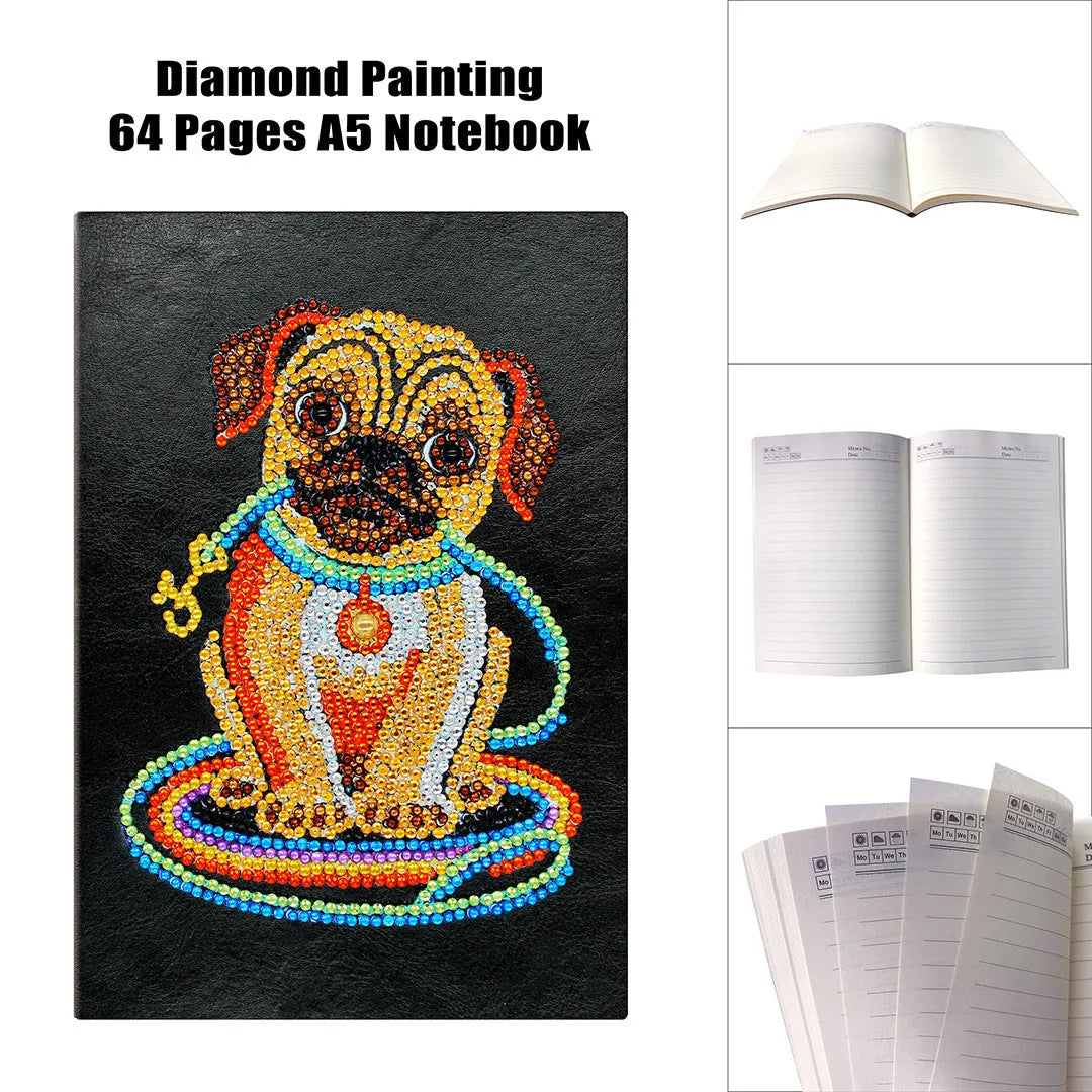 Black A5 diamond painting notebook with 50 pages, shown closed with dimensions 142mm by 207mm.