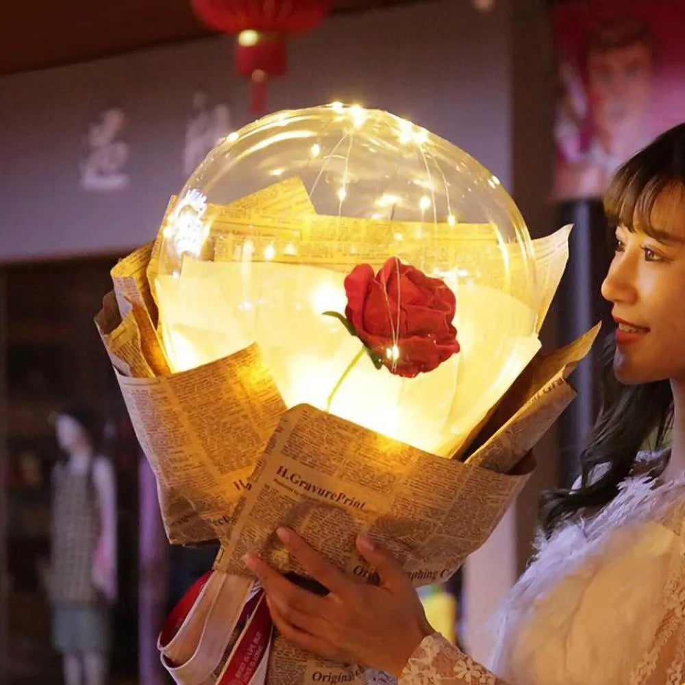 LED luminous transparent balloon with artificial rose and LED light illumination for party decoration