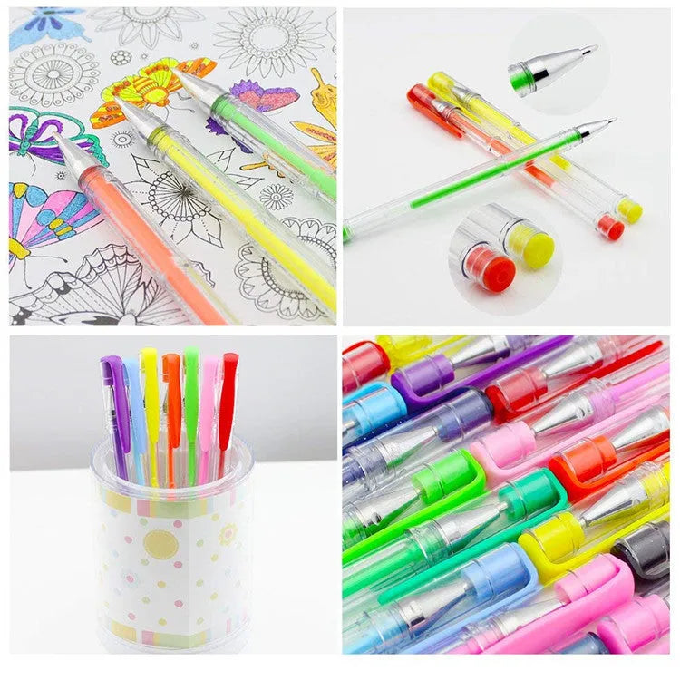 100 colour gel pen set with watercolour ink and dual tip options displayed in case