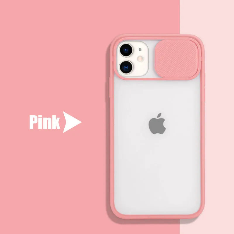 Silicone iPhone case with frosted frame around camera lens in solid colour options like black, blue, pink, and yellow.