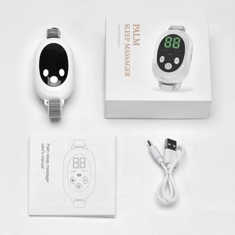 White handheld sleep aid device with remote control showing 20 gear settings, USB charging cable, and sleep bracelet.