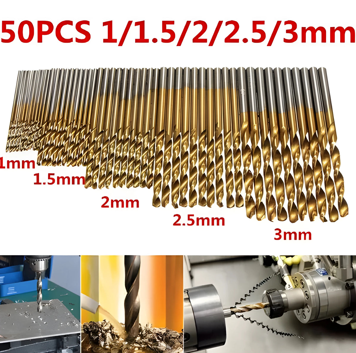50-piece set of titanium-coated high-speed steel twist drill bits for metal, wood, and plastic drilling.