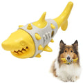 Shark-tooth mimicry dog teething toy in blue, grey, or yellow with textured surfaces